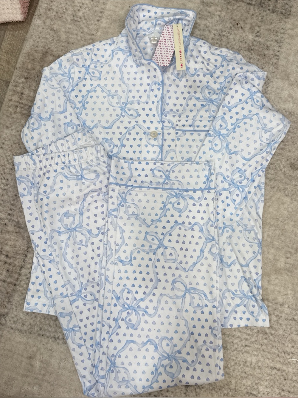 Roller Rabbit x Love Shack Fancy Light Blue Heart & Bow Printed Pajama Set